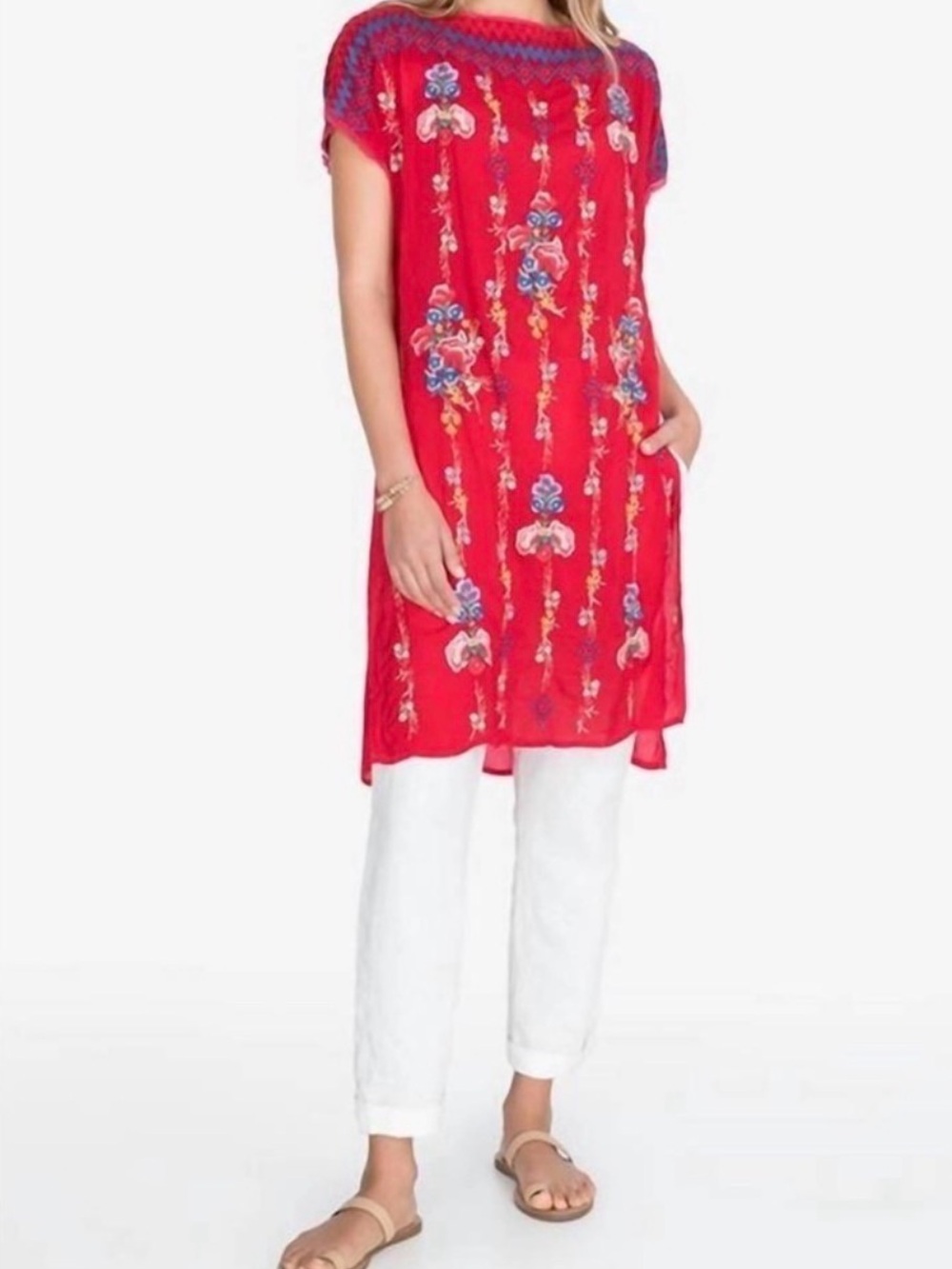 Johnny Was Red Embroidered Short-Sleeve Tunic